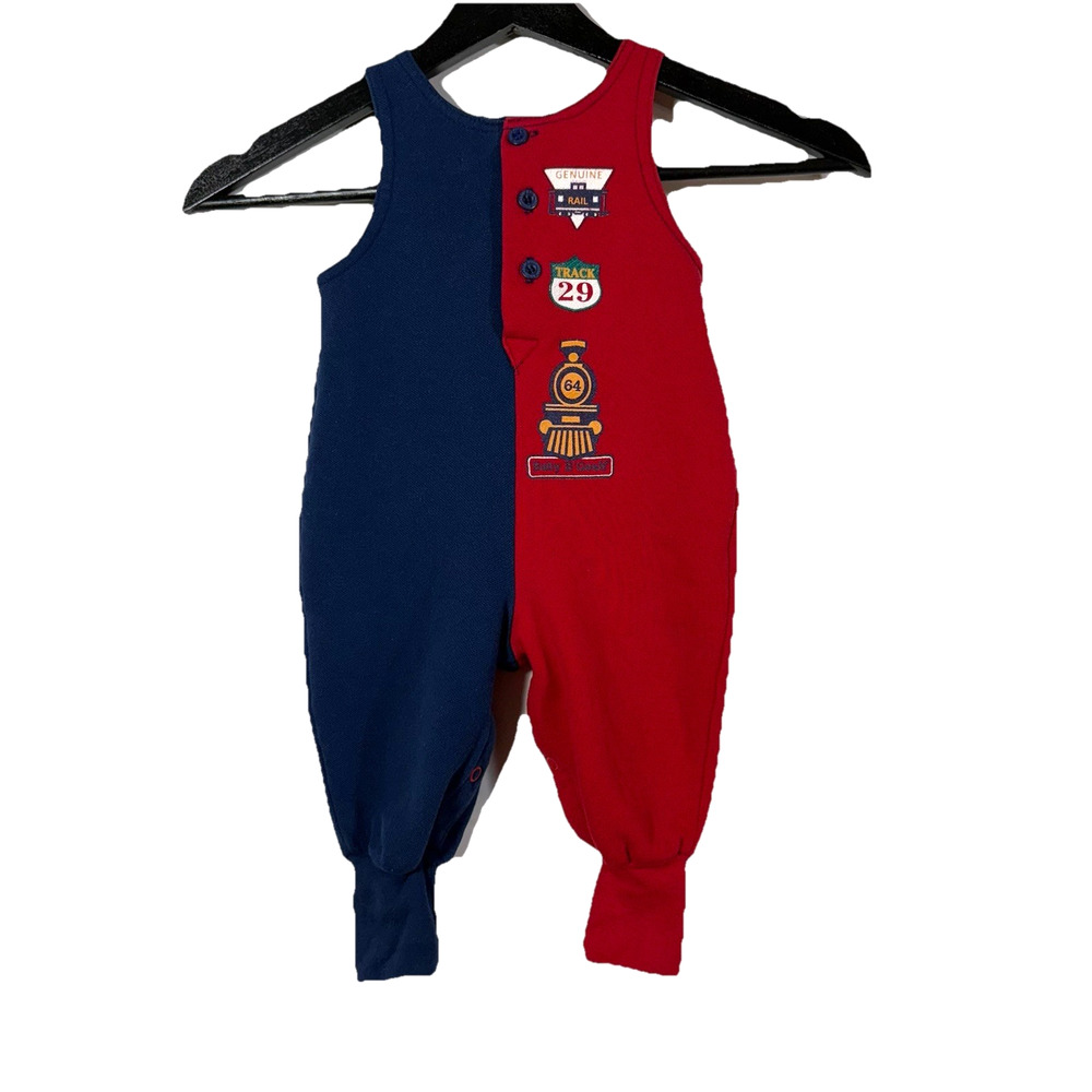 OshKosh Boys 6/9 Mo Vestbak Rail Train Colorblock Overalls Vintage Red Blue